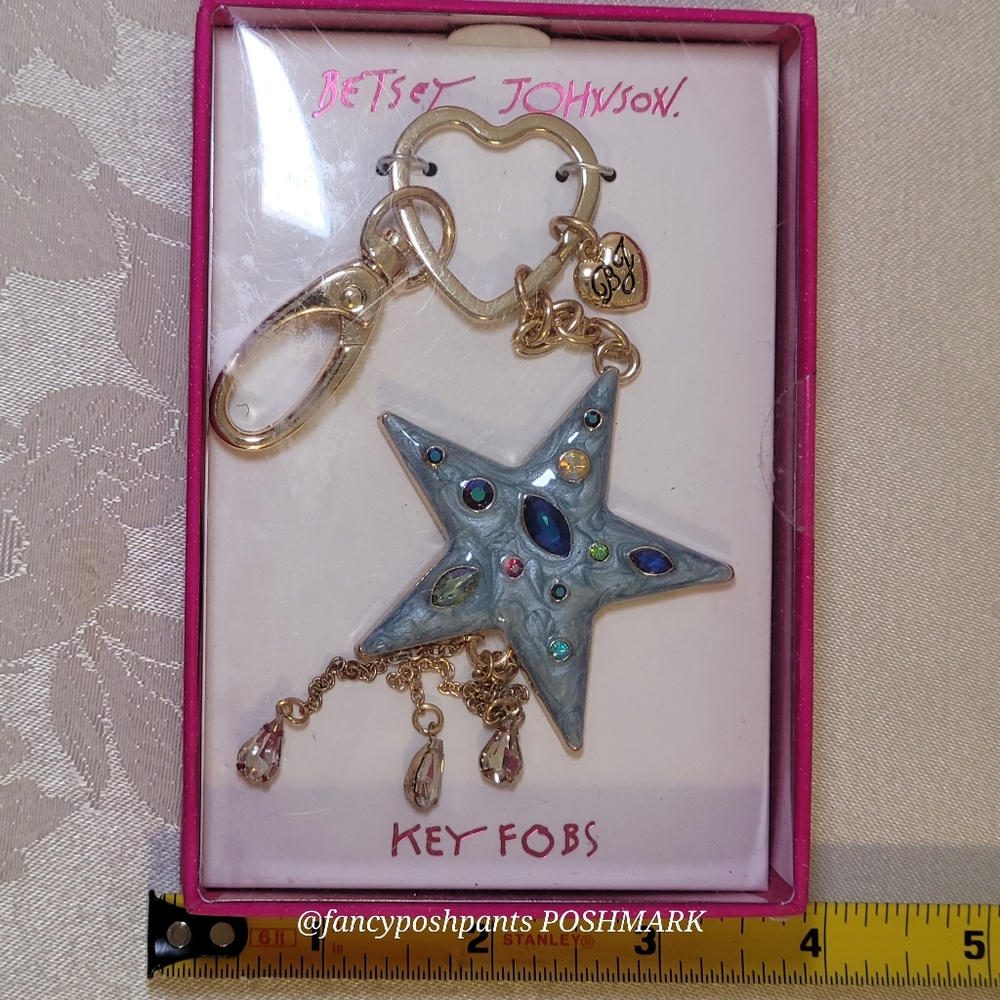 new! NWT in box! BETSEY JOHNSON key fob star magic sparkle purse charm logo tags - Picture 7 of 17